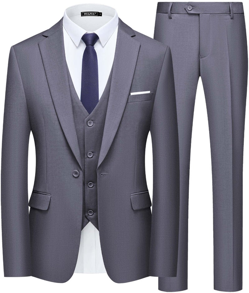 WULFUL Menâ€™s Slim Fit Suit One Button 3-Piece Blazer Dress Business Wedding Party Jacket Vest & Pant Dark Grey - Image 1